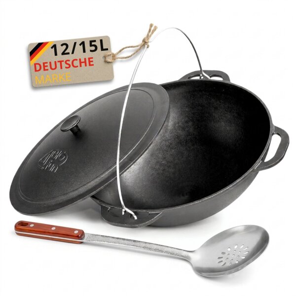 Variation: Premium Gusseisen Kazan 12L oder 15L Schwenktopf Plov mit Bügel und Gusseisendeckel - Traditioneller Gusstopf Kasan Grillwok preseasoned bereits eingebrannt Schmortopf mit Schaumkelle