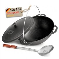 Variation: Premium Gusseisen Kazan 12L oder 15L Schwenktopf Plov mit Bügel und Gusseisendeckel - Traditioneller Gusstopf Kasan Grillwok preseasoned bereits eingebrannt Schmortopf mit Schaumkelle