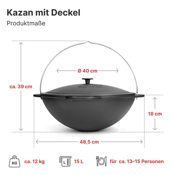 Premium Gusseisen Kazan 15L Schwenktopf Plov mit Bügel und Gusseisendeckel - Traditioneller Gusstopf Kasan Grillwok preseasoned bereits eingebrannt Schmortopf mit Schaumkelle