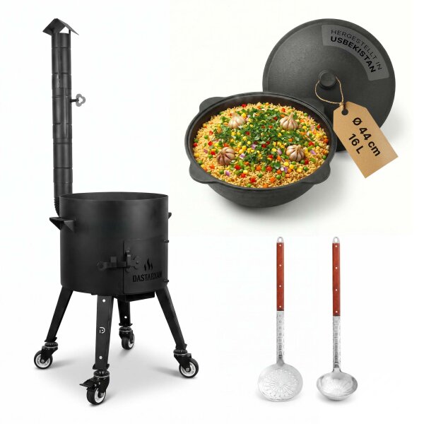 Kazan Set 16 L Utschak Ø44 cm mit usbekischem Gusseisenkessel Alu-Deckel Feuerofen 2 mm Stahl Schornstein große Schaumkelle Suppenkelle Rollen – Outdoor Kochset für Plov