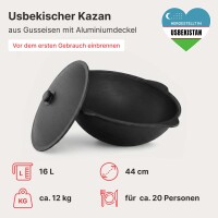 Kazan Set 16 L Utschak Ø44 cm mit usbekischem Gusseisenkessel Alu-Deckel Feuerofen 2 mm Stahl Schornstein große Schaumkelle Suppenkelle Rollen – Outdoor Kochset für Plov
