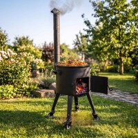 Kazan Set 16 L Utschak Ø44 cm mit usbekischem Gusseisenkessel Alu-Deckel Feuerofen 2 mm Stahl Schornstein große Schaumkelle Suppenkelle Rollen – Outdoor Kochset für Plov