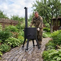 Kazan Set 16 L Utschak Ø44 cm mit usbekischem Gusseisenkessel Alu-Deckel Feuerofen 2 mm Stahl Schornstein große Schaumkelle Suppenkelle Rollen – Outdoor Kochset für Plov