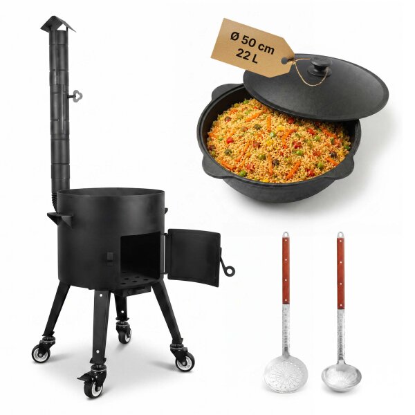 Kazan Set 22 L Utschak Ø49 cm mit usbekischem Gusseisenkessel Alu-Deckel Feuerofen 2 mm Stahl Schornstein große Schaumkelle Suppenkelle Rollen – Outdoor Kochset für Plov