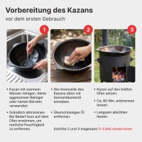 Kazan Set 22 L Utschak Ø49 cm mit usbekischem Gusseisenkessel Alu-Deckel Feuerofen 2 mm Stahl Schornstein große Schaumkelle Suppenkelle Rollen – Outdoor Kochset für Plov