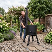 Kazan Set 22 L Utschak Ø49 cm mit usbekischem Gusseisenkessel Alu-Deckel Feuerofen 2 mm Stahl Schornstein große Schaumkelle Suppenkelle Rollen – Outdoor Kochset für Plov