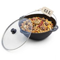 Premium Gusseisen Kazan 12 L mit Glasdeckel Schwenktopf Traditioneller Gusstopf Kasan Grillwok preseasoned bereits eingebrannt Schmortopf