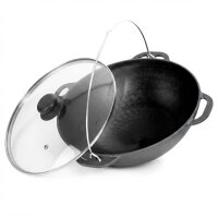 Premium Gusseisen Kazan 12 L mit Glasdeckel Schwenktopf Traditioneller Gusstopf Kasan Grillwok preseasoned bereits eingebrannt Schmortopf