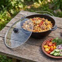 Premium Gusseisen Kazan 12 L mit Glasdeckel Schwenktopf Traditioneller Gusstopf Kasan Grillwok preseasoned bereits eingebrannt Schmortopf