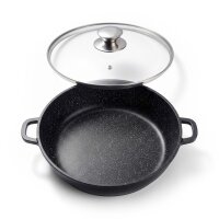 Bräter Ø24-Ø40 cm mit Glasdeckel Aluguss Brat- Servierpfanne Schmorpfanne Induktion Pfannenwender Kochlöffel Kasserolle