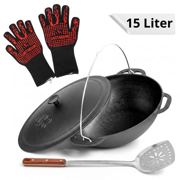 Premium Gusseisen Kazan 15L Schwenktopf Plov mit Bügel und Gusseisendeckel - Traditioneller Gusstopf Kasan Grillwok preseasoned bereits eingebrannt Schmortopf mit Pfannenwender und Grillhandschuhe