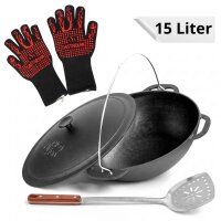 Premium Gusseisen Kazan 15L Schwenktopf Plov mit Bügel und Gusseisendeckel - Traditioneller Gusstopf Kasan Grillwok preseasoned bereits eingebrannt Schmortopf mit Pfannenwender und Grillhandschuhe