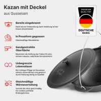 Premium Gusseisen Kazan 15L Schwenktopf Plov mit Bügel und Gusseisendeckel - Traditioneller Gusstopf Kasan Grillwok preseasoned bereits eingebrannt Schmortopf mit Pfannenwender und Grillhandschuhe