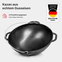 Premium Gusseisen Kazan 15L Schwenktopf Plov mit Bügel und Gusseisendeckel - Traditioneller Gusstopf Kasan Grillwok preseasoned bereits eingebrannt Schmortopf mit Pfannenwender und Grillhandschuhe