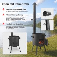 Komplettset Utschak Feuerofen mit Schornstein Kazan 8 Liter Gusseisen mit Glasdeckel Deckel-Bratpfanne Schaumkelle Pfannenwender