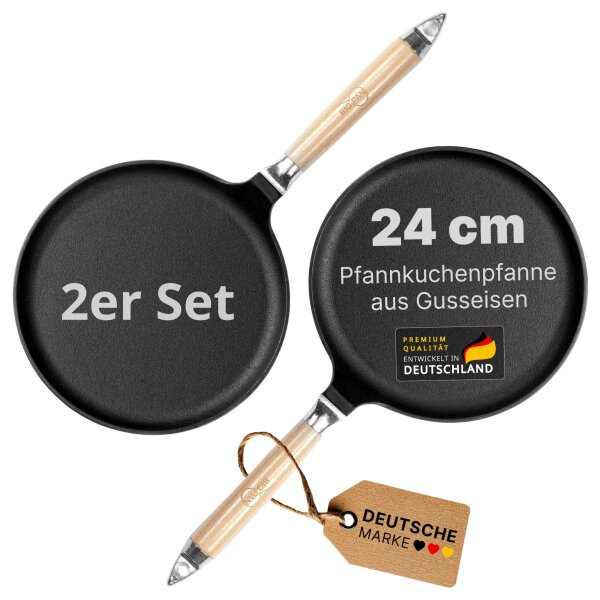 Premium Crêpepfanne aus Gusseisen 24 cm Induktion mit abnehmbarem Holzgriff – hochwertige unbeschichtete Pfannkuchenpfanne flach backofenfest für alle Herdarten