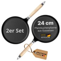 Premium Crêpepfanne aus Gusseisen 24 cm Induktion mit abnehmbarem Holzgriff – hochwertige unbeschichtete Pfannkuchenpfanne flach backofenfest für alle Herdarten