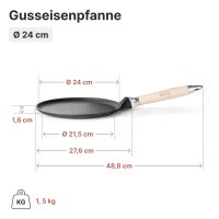 Premium Crêpepfanne aus Gusseisen 24 cm Induktion mit abnehmbarem Holzgriff – hochwertige unbeschichtete Pfannkuchenpfanne flach backofenfest für alle Herdarten