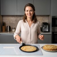 Premium Crêpepfanne aus Gusseisen 24 cm Induktion mit abnehmbarem Holzgriff – hochwertige unbeschichtete Pfannkuchenpfanne flach backofenfest für alle Herdarten