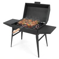 Schaschlikgrill aus 2 mm Stahl mit Deckel, 2 Ablagen & Grillrost – Mangal Holzkohlegrill für Schaschlikspieße und BBQ, klappbarer Grill für Garten, Terrasse, Camping & Picknick