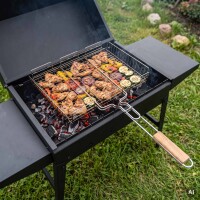 Schaschlikgrill aus 2 mm Stahl mit Deckel, 2 Ablagen & Grillrost – Mangal Holzkohlegrill für Schaschlikspieße und BBQ, klappbarer Grill für Garten, Terrasse, Camping & Picknick