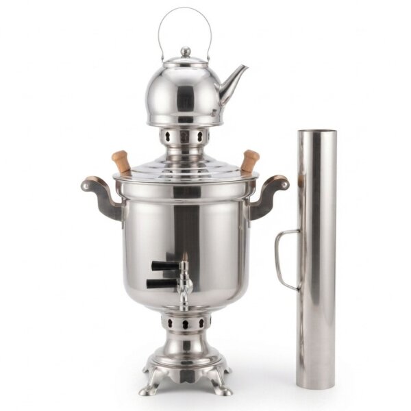 Edelstahl Set Holzfeuer-Samowar 5 Liter mit Schornstein Teekanne 1 Liter mit Sieb Russischer Samovar Edelstahlkessel