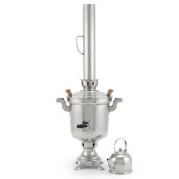 Edelstahl Set Holzfeuer-Samowar 5 Liter mit Schornstein Teekanne 1 Liter mit Sieb Russischer Samovar Edelstahlkessel