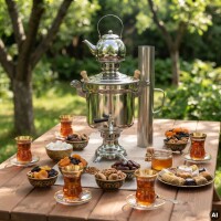 Edelstahl Set Holzfeuer-Samowar 5 Liter mit Schornstein Teekanne 1 Liter mit Sieb Russischer Samovar Edelstahlkessel