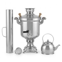 Edelstahl Set Holzfeuer-Samowar 5 Liter mit Schornstein Teekanne 1 Liter mit Sieb Russischer Samovar Edelstahlkessel