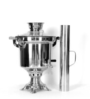 Edelstahl Set Holzfeuer-Samowar 5 Liter mit Schornstein Teekanne 1 Liter mit Sieb Russischer Samovar Edelstahlkessel