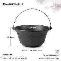Gulaschkessel 16 L mit Bügel und Deckel Gusseisen Campingtopf für offenes Feuer