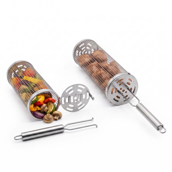 Grillkorb 2er Set Edelstahl Grillrolle Gemüsekorb für Gasgrill Holzkohlegrill BBQ