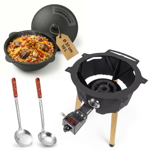 Outdoor Kochset mit Feuerstelle Ø36,5 cm aus Stahl mit integriertem Brenner Gusseisen Kasan 10L aus Namangan mit Aluminiumdeckel Dutch Oven Set Schaumkelle Suppenkelle