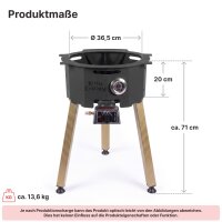 Outdoor Kochset mit Feuerstelle Ø36,5 cm aus Stahl mit integriertem Brenner Gusseisen Kasan 10L aus Namangan mit Aluminiumdeckel Dutch Oven Set Schaumkelle Suppenkelle