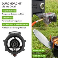 Outdoor Kochset mit Feuerstelle Ø36,5 cm aus Stahl mit integriertem Brenner Gusseisen Kasan 10L aus Namangan mit Aluminiumdeckel Dutch Oven Set Schaumkelle Suppenkelle