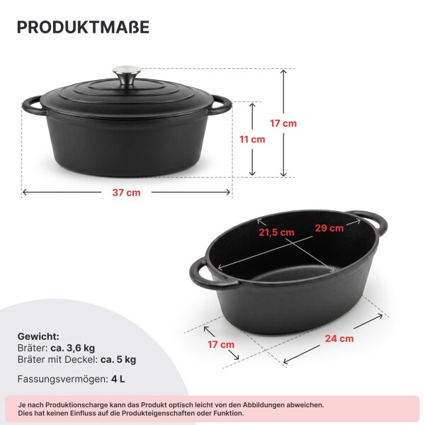 Emaillierter Gusseisen Bräter 4 L oval mit Deckel – Schmortopf, Bratentopf & Cocotte – für saftige Schmorgerichte, Fleisch, Geflügel & Gemüse