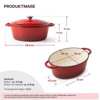 Emaillierter Gusseisen Bräter 3,5 L oval mit Deckel – Schmortopf, Bratentopf & Cocotte in Rot – für saftige Schmorgerichte, Fleisch, Geflügel & Gemüse