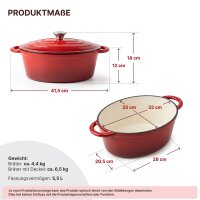 Emaillierter Gusseisen Bräter 5,5 L oval mit Deckel – Schmortopf, Bratentopf & Cocotte in Rot – für saftige Schmorgerichte, Fleisch, Geflügel & Gemüse