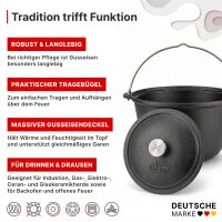 4big.fun Gusseisen-Kessel 5-10,5 Liter mit Bügel Gusseiserner Deckel – Campingkessel & Gusseiztopf für offenes Feuer, Grill & Induktion