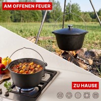 Gusseisen-Kessel 5-10,5 Liter mit Bügel und gusseisernem Deckel – Campingkessel Gulaschtopf für offenes Feuer, Grill und alle Herdarten inkl. Induktion