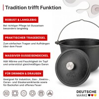 Gusseisen-Kessel 5-10,5 Liter mit Bügel und gusseisernem Deckel – Campingkessel Gulaschtopf für offenes Feuer, Grill und alle Herdarten inkl. Induktion