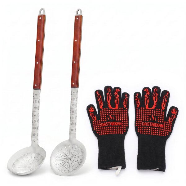 3er-Set XXL Suppenkelle, Schaumkelle aus Edelstahl und Grillhandschuhe, Schöpflöffel, Schaumlöffel, Gießlöffel, Soßenlöffel für Kazan ab 16 L