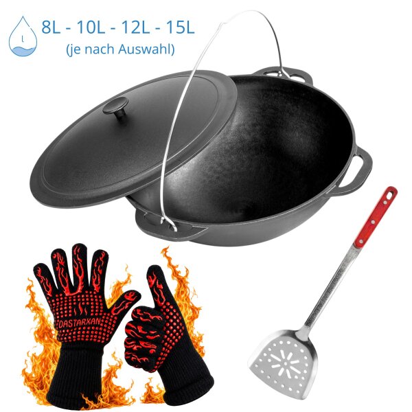 Premium Gusseisen Kazan Schwenktopf Plov mit Bügel und Gusseisendeckel - Traditioneller Gusstopf Kasan Grillwok Schmortopf mit Pfannenwender und Grillhandschuhe