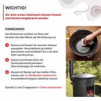 Kazanofen Utschak Ø 36 cm (10 L) mit Abzugsrohr Gusseisen-Gulaschkessel 16 L Schaumkelle Suppenkelle