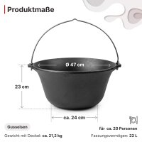 Kazanofen Utschak Ø 44 cm (16 L) mit Abzugsrohr Gusseisen-Gulaschkessel 22 L Schaumkelle Suppenkelle