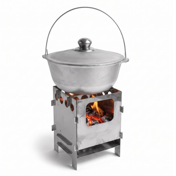 Hobokocher 14x20 cm Edelstahl mit Aluminium-Kazan 2 L Gulaschkessel Campingkocher zerlegbar