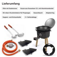 Outdoor-Kochset: Feuerstelle Ø 36,5 cm aus Stahl mit integriertem Brenner Seitenablage Adapterring Gusseisen-Kazan 12 L mit Aluminiumdeckel Schaumkelle Suppenkelle