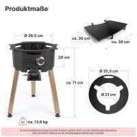Outdoor-Kochset: Feuerstelle Ø 36,5 cm aus Stahl mit integriertem Brenner Seitenablage Adapterring Gusseisen-Kazan 12 L mit Aluminiumdeckel Schaumkelle Suppenkelle