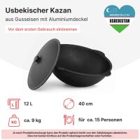 Outdoor-Kochset: Feuerstelle Ø 36,5 cm aus Stahl mit integriertem Brenner Seitenablage Adapterring Gusseisen-Kazan 12 L mit Aluminiumdeckel Schaumkelle Suppenkelle