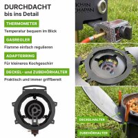 Outdoor-Kochset: Feuerstelle Ø 36,5 cm aus Stahl mit integriertem Brenner Seitenablage Adapterring Gusseisen-Kazan 12 L mit Aluminiumdeckel Schaumkelle Suppenkelle